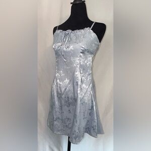 Cider, Light Blue/ Silver Floral Pattern Satin Mini Dress, Size Medium NWOT
